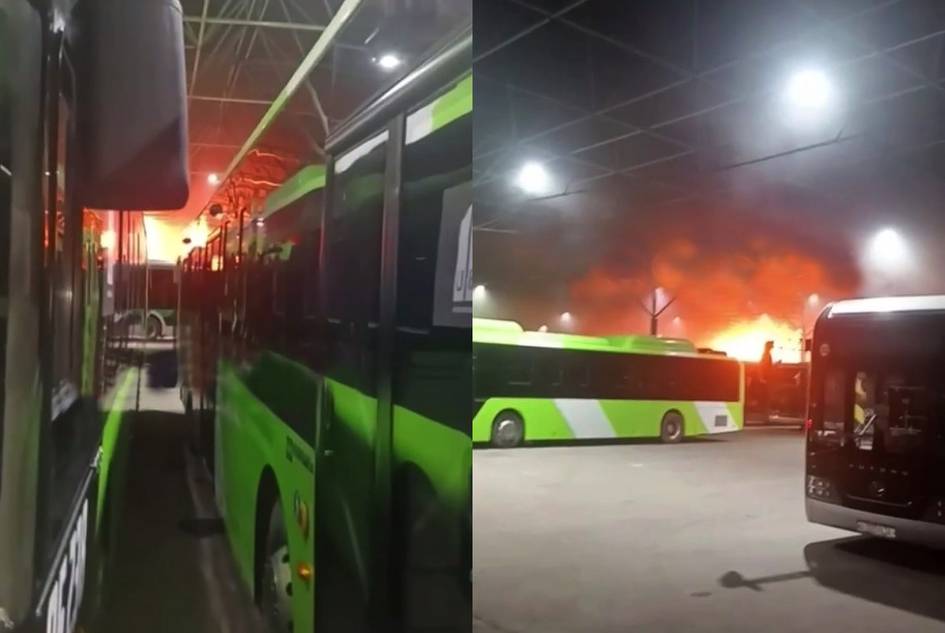 Тошкентдаги автопаркда автобус бутунлай ёниб кетди